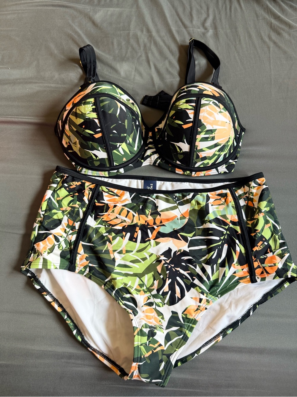 Swimsuits For All Black, Green & Orange Tropical Print Bikini Set
